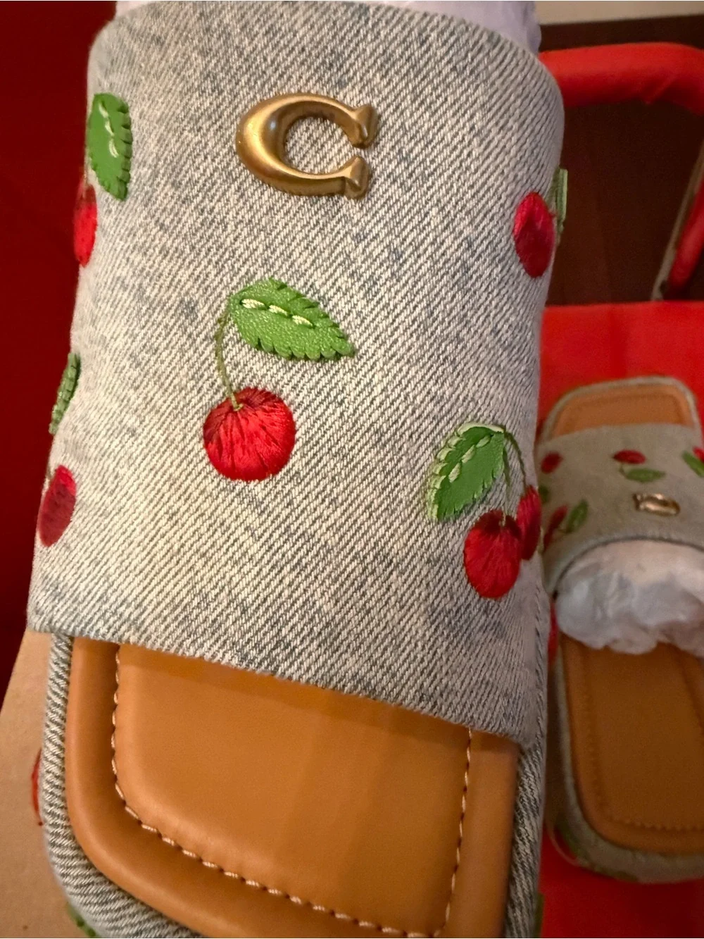 NWT Coach Marcy Denim Cherry Embroidery Platform Slides | Size 7.5